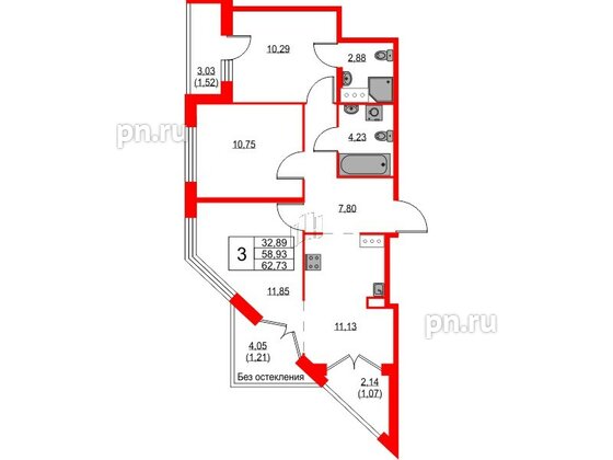 Квартира в ЖК iD Murino III, 3 комнатная, 62.73 м², 4 этаж