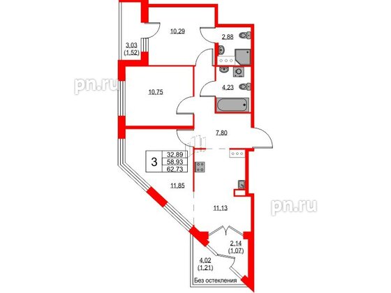 Квартира в ЖК iD Murino III, 3 комнатная, 62.73 м², 5 этаж