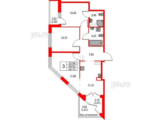 Квартира в ЖК iD Murino III, 3 комнатная, 62.73 м², 7 этаж