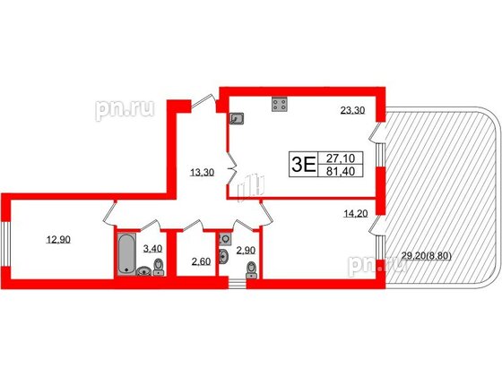 Квартира в ЖК «Сиреневый бульвар», 2 комнатная, 81.4 м², 1 этаж