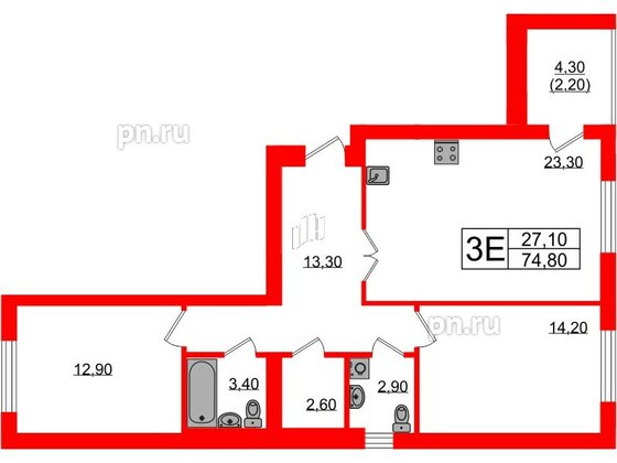 Квартира в ЖК «Сиреневый бульвар», 2 комнатная, 74.8 м², 2 этаж