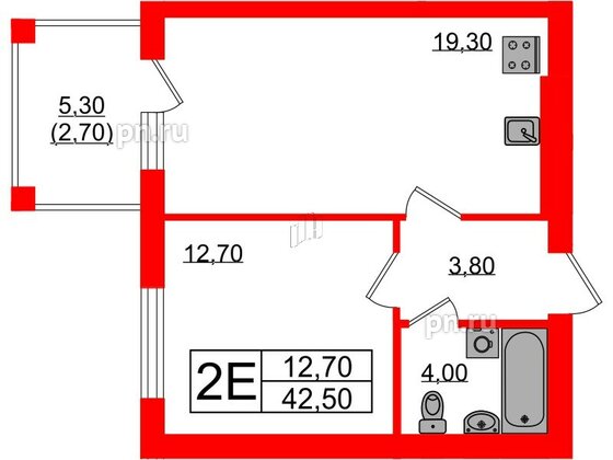 Квартира в ЖК «Сиреневый бульвар», 1 комнатная, 42.5 м², 1 этаж