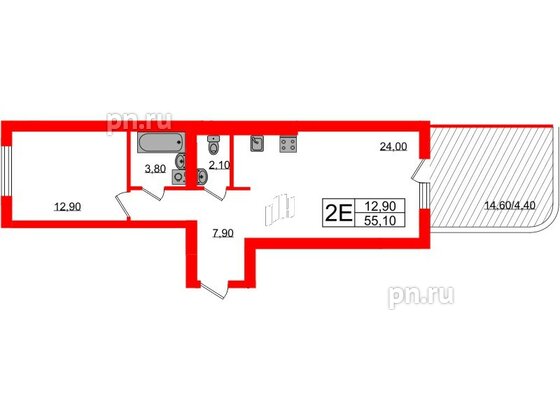 Квартира в ЖК «Сиреневый бульвар», 1 комнатная, 55.1 м², 1 этаж