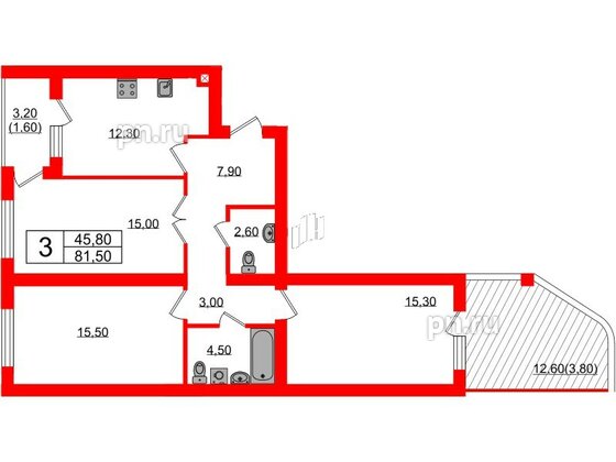 Квартира в ЖК «Сиреневый бульвар», 3 комнатная, 81.5 м², 1 этаж