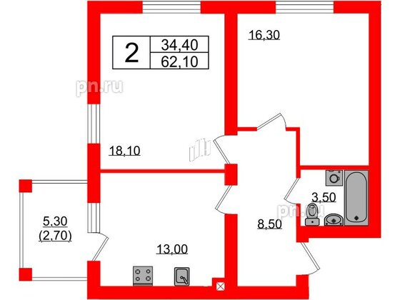 Квартира в ЖК «Сиреневый бульвар», 2 комнатная, 62.1 м², 1 этаж