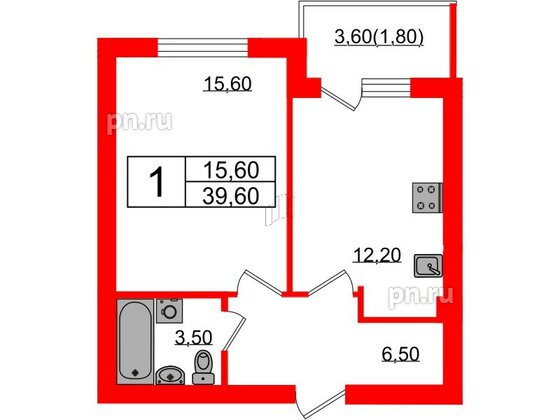 Квартира в ЖК «Сиреневый бульвар», 1 комнатная, 39.6 м², 1 этаж