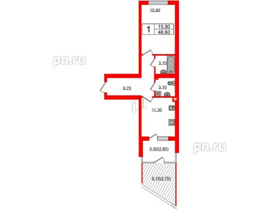 Квартира в ЖК «Сиреневый бульвар», 1 комнатная, 48.6 м², 1 этаж