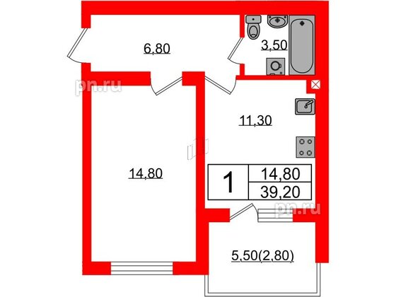 Квартира в ЖК «Сиреневый бульвар», 1 комнатная, 39.2 м², 3 этаж