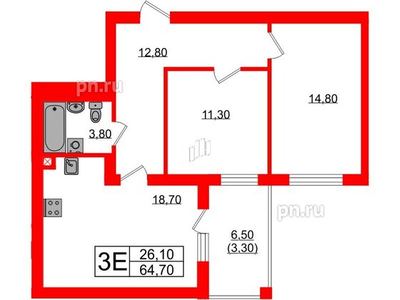 Квартира в ЖК «Сиреневый бульвар», 2 комнатная, 64.7 м², 2 этаж