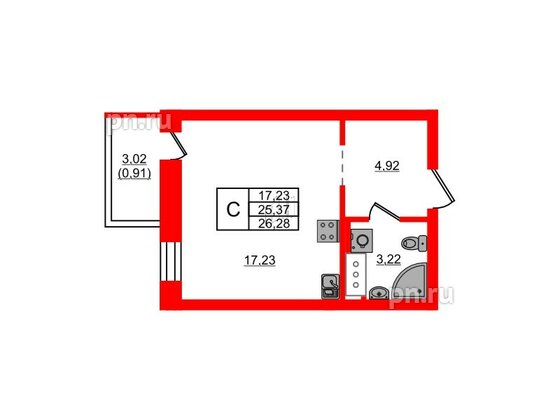 Квартира в ЖК Северный Меридиан, студия, 26.28 м², 3 этаж