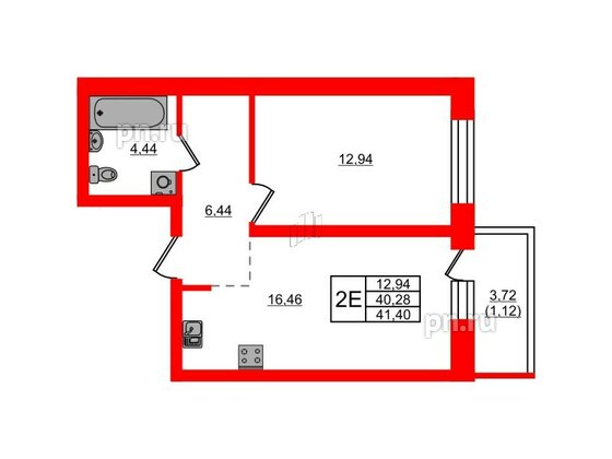 Квартира в ЖК Северный Меридиан, 1 комнатная, 41.4 м², 5 этаж