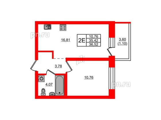 Квартира в ЖК Северный Меридиан, 1 комнатная, 36.52 м², 3 этаж