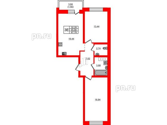 Квартира в ЖК Северный Меридиан, 2 комнатная, 67.78 м², 2 этаж