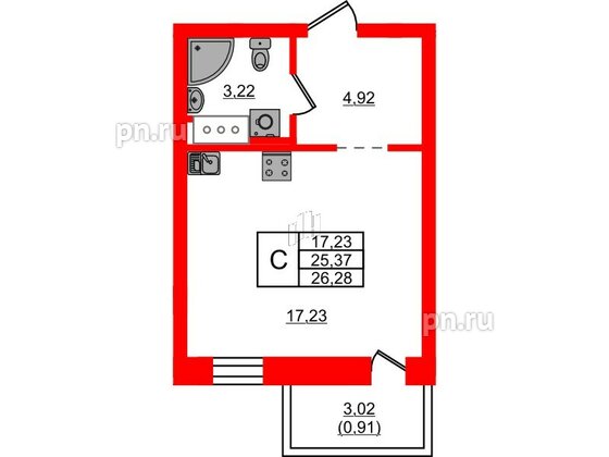 Квартира в ЖК Северный Меридиан, студия, 26.28 м², 2 этаж