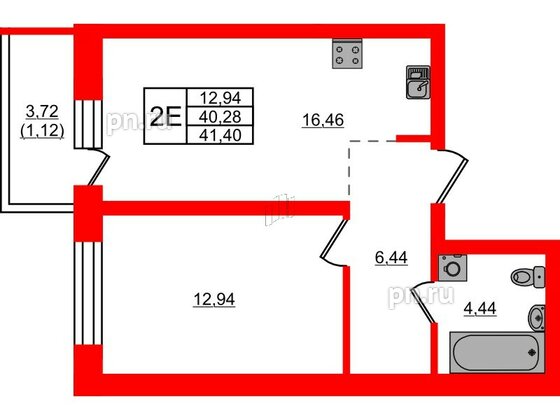 Квартира в ЖК Северный Меридиан, 1 комнатная, 41.4 м², 2 этаж