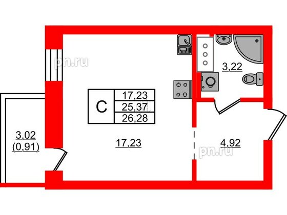 Квартира в ЖК Северный Меридиан, студия, 26.28 м², 3 этаж