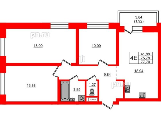 Квартира в ЖК Северный Меридиан, 3 комнатная, 77.7 м², 2 этаж