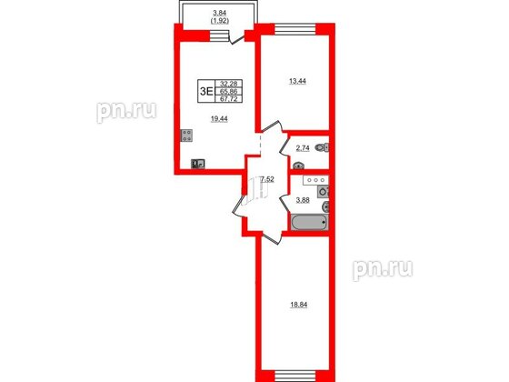 Квартира в ЖК Северный Меридиан, 2 комнатная, 67.78 м², 2 этаж