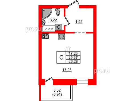 Квартира в ЖК Северный Меридиан, студия, 26.28 м², 2 этаж