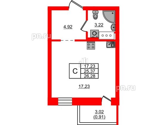 Квартира в ЖК Северный Меридиан, студия, 26.28 м², 2 этаж