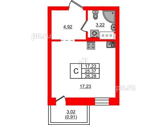 Квартира в ЖК Северный Меридиан, студия, 26.28 м², 2 этаж