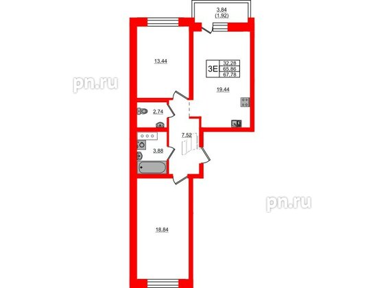 Квартира в ЖК Северный Меридиан, 2 комнатная, 67.78 м², 2 этаж