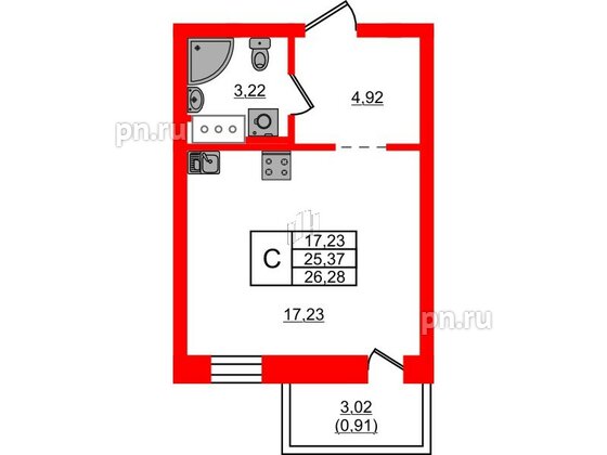 Квартира в ЖК Северный Меридиан, студия, 26.28 м², 2 этаж