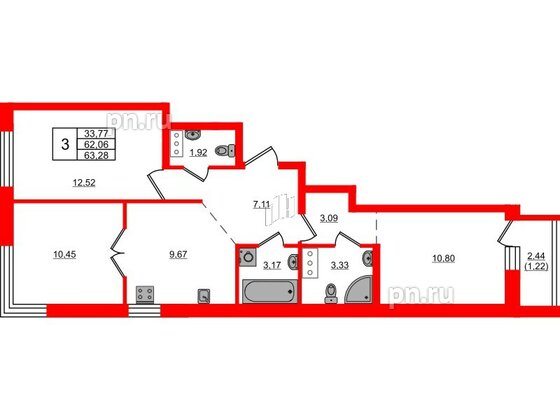 Квартира в ЖК iD Murino III, 3 комнатная, 63.28 м², 4 этаж