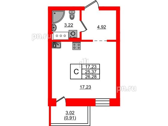 Квартира в ЖК Северный Меридиан, студия, 26.28 м², 2 этаж