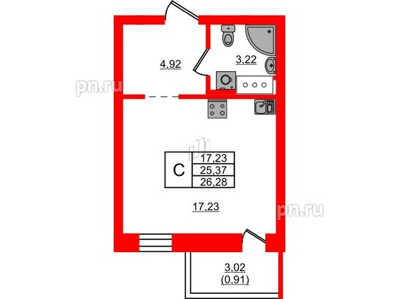 Квартира в ЖК Северный Меридиан, студия, 26.28 м², 2 этаж