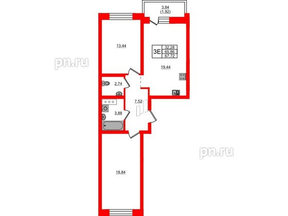 Квартира в ЖК Северный Меридиан, 2 комнатная, 67.78 м², 3 этаж