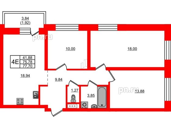 Квартира в ЖК Северный Меридиан, 3 комнатная, 77.7 м², 2 этаж