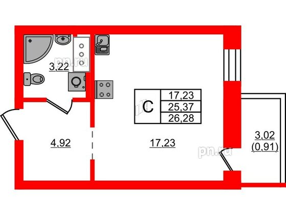 Квартира в ЖК Северный Меридиан, студия, 26.28 м², 2 этаж