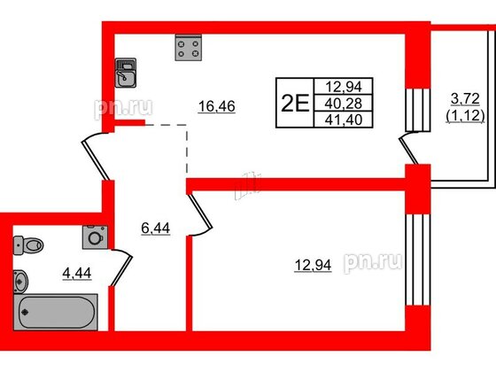 Квартира в ЖК Северный Меридиан, 1 комнатная, 41.4 м², 2 этаж