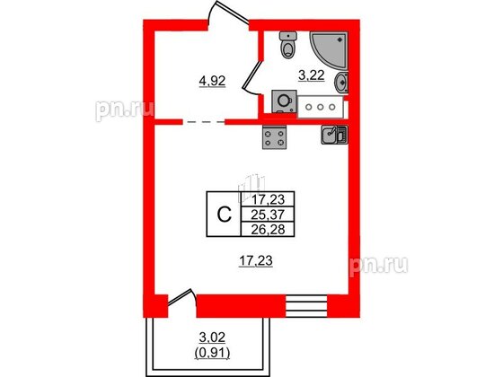 Квартира в ЖК Северный Меридиан, студия, 26.28 м², 2 этаж