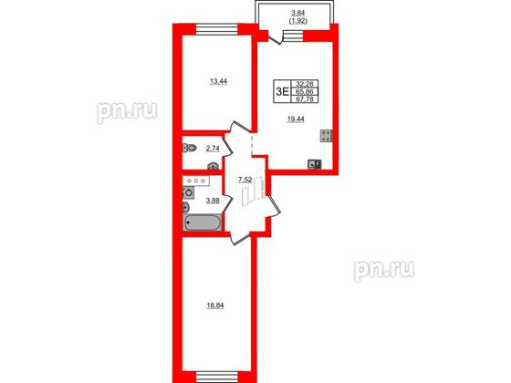 Квартира в ЖК Северный Меридиан, 2 комнатная, 67.78 м², 2 этаж