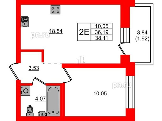 Квартира в ЖК Северный Меридиан, 1 комнатная, 38.11 м², 7 этаж