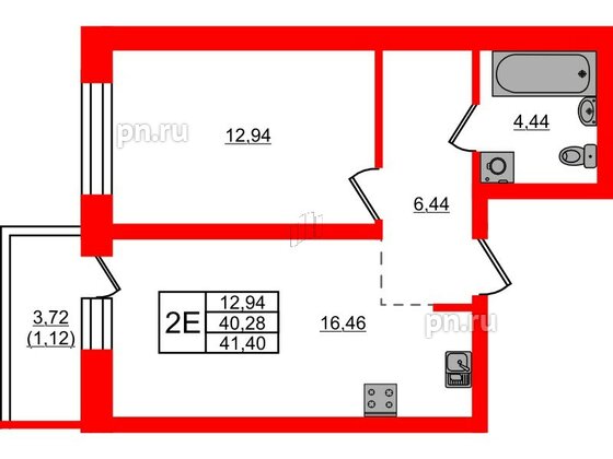 Квартира в ЖК Северный Меридиан, 1 комнатная, 41.4 м², 2 этаж