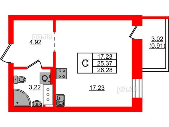 Квартира в ЖК Северный Меридиан, студия, 26.28 м², 2 этаж