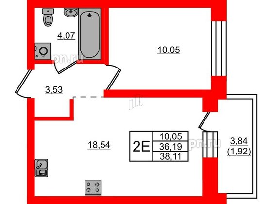 Квартира в ЖК Северный Меридиан, 1 комнатная, 38.11 м², 5 этаж