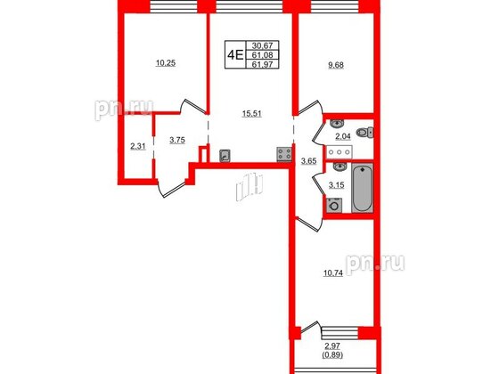 Квартира в ЖК iD Murino III, 3 комнатная, 61.97 м², 3 этаж