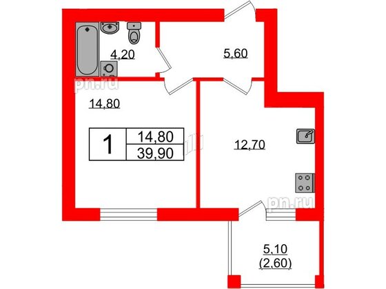 Квартира в ЖК «Сиреневый бульвар», 1 комнатная, 39.9 м², 2 этаж