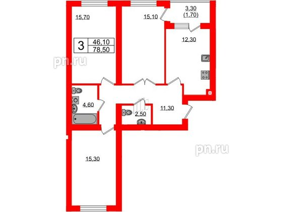 Квартира в ЖК «Сиреневый бульвар», 3 комнатная, 78.5 м², 2 этаж