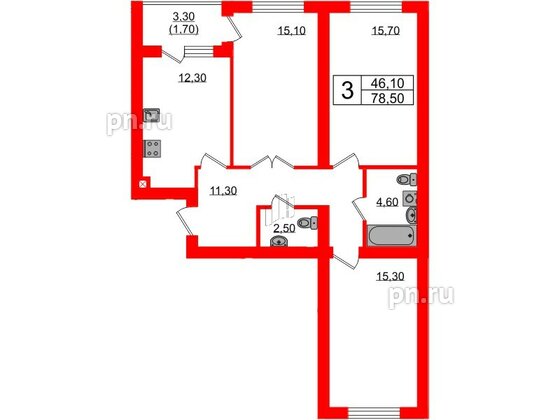 Квартира в ЖК «Сиреневый бульвар», 3 комнатная, 78.5 м², 2 этаж