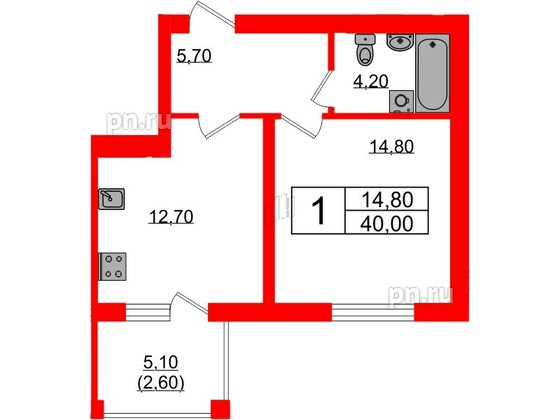 Квартира в ЖК «Сиреневый бульвар», 1 комнатная, 40 м², 3 этаж