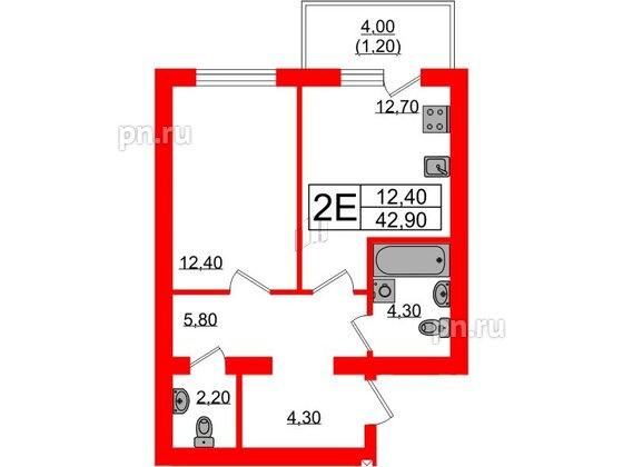 Квартира в ЖК «Сиреневый бульвар», 1 комнатная, 42.9 м², 2 этаж