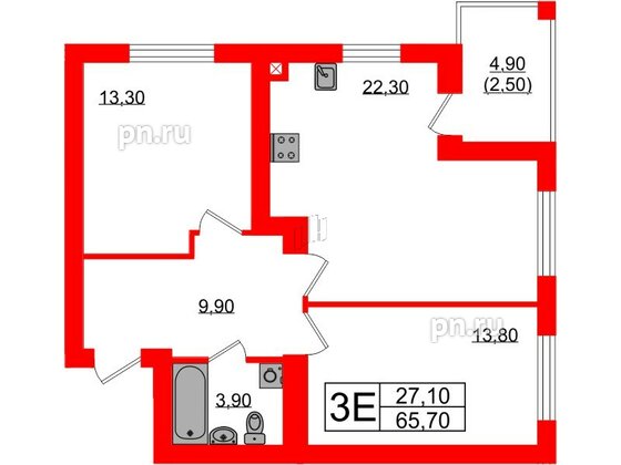 Квартира в ЖК «Сиреневый бульвар», 2 комнатная, 65.7 м², 3 этаж