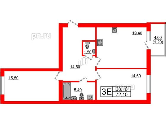 Квартира в ЖК «Сиреневый бульвар», 2 комнатная, 72.1 м², 3 этаж