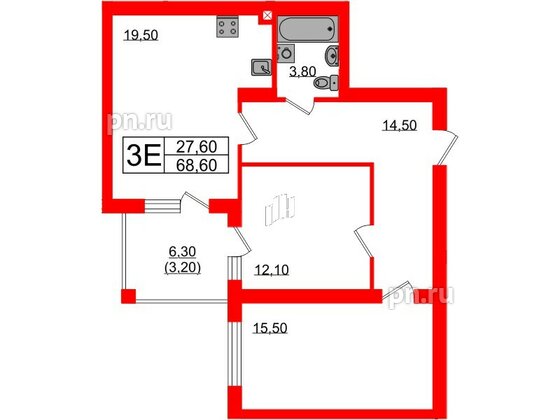 Квартира в ЖК «Сиреневый бульвар», 2 комнатная, 68.6 м², 3 этаж