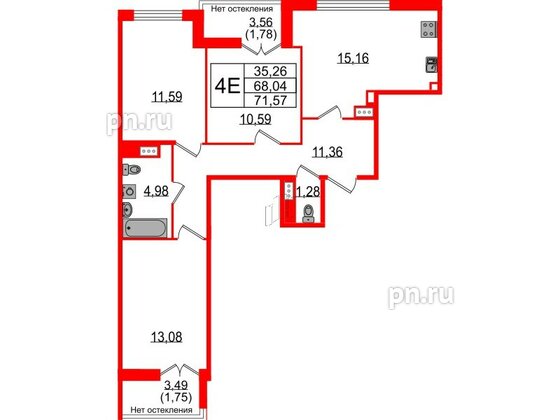 Квартира в ЖК Sertolovo Park, 3 комнатная, 71.57 м², 4 этаж